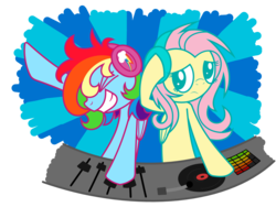 Size: 1344x1008 | Tagged: safe, artist:cuttycommando, fluttershy, rainbow dash, pegasus, pony, g4, disc jockey, female, headphones, mare, turntable