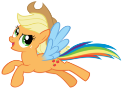 Size: 900x659 | Tagged: safe, artist:blmn564, applejack, rainbow dash, hybrid, pegasus, pony, fanfic:those blue wings, g4, >:d, fanfic art, female, flapplejack, galloping, mare, race swap, simple background, smiling, smirk, solo, transparent background