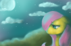 Size: 627x411 | Tagged: safe, artist:xiao668, fluttershy, pony, g4, female, floppy ears, full moon, looking down, melancholy, moon, night, outdoors, sad, solo