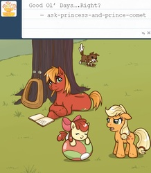 Size: 543x623 | Tagged: safe, artist:redhotkick, apple bloom, applejack, big macintosh, winona, dog, pony, ask big red macintosh, g4, adorabloom, baby, baby apple bloom, baby pony, ball, colt, colt big macintosh, cute, female, filly, filly applejack, floppy ears, freckles, horse collar, male, mouth hold, pencil, puppy, tree, writing, younger