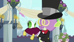 Size: 640x360 | Tagged: safe, artist:capnpea, edit, edited screencap, screencap, spike, dragon, a canterlot wedding, g4, eyes, face swap, fimbriae, male, ring, solo, wat