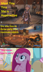 Size: 852x1406 | Tagged: safe, edit, screencap, madame leflour, pinkie pie, sir lintsalot, human, g4, party of one, borderlands, borderlands 2, caption, comic, pinkamena diane pie, tiny tina