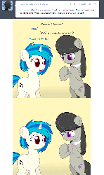 Size: 672x1135 | Tagged: safe, artist:erthilo, dj pon-3, octavia melody, vinyl scratch, earth pony, pony, unicorn, ask octavia, g4, 2 panel comic, animated, ask, bipedal, comic, contact lens, duo, duo female, eye color change, female, mare, tumblr