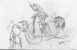 Size: 3706x2400 | Tagged: safe, artist:loosepopcorn, discord, rainbow dash, draconequus, pegasus, pony, g4, duo, duo male and female, egghead, evil grin, female, grin, high res, male, mare, monochrome, pun, shocked, smiling, touching head, traditional art, visual pun
