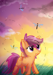 Size: 429x600 | Tagged: safe, artist:aurorie, scootaloo, dragonfly, pony, g4, cute, cutealoo, female, solo