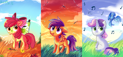 Size: 1287x600 | Tagged: dead source, safe, artist:aurorie, apple bloom, scootaloo, sweetie belle, bird, dragonfly, earth pony, insect, pegasus, pony, unicorn, g4, :p, apple, apple bloom's bow, blank flank, bow, canvas, cloud, cutie mark crusaders, easel, female, filly, floppy ears, foal, food, grass, hair bow, music notes, open mouth, paint on fur, paintbrush, painting, red sky, signature, sky, tongue out