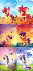 Size: 858x1800 | Tagged: dead source, safe, artist:aurorie, apple bloom, scootaloo, sweetie belle, dragonfly, g4, apple, comparison, cutie mark crusaders, food, paint on fur, paintbrush, painting