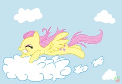 Size: 1186x819 | Tagged: safe, artist:licoricebunny, fluttershy, pegasus, pony, g4, cloud, eyes closed, female, flying, gritted teeth, mare, sky, solo, spread wings, wings