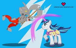 Size: 900x572 | Tagged: safe, artist:ladypixelheart, shining armor, g4, axonn, bionicle, crossover, fight, lego