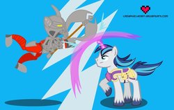 Size: 900x572 | Tagged: safe, artist:ladypixelheart, shining armor, pony, g4, axonn, bionicle, crossover, fight, lego, male, stallion