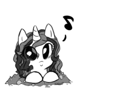 Size: 800x600 | Tagged: safe, artist:ruby-sunrise, oc, oc only, oc:twilight panda, pony, unicorn, black and white, cute, eyes, grayscale, looking at you, monochrome, mspaintponies, mspaintponies fanart, music notes, ocbetes, smiling, solo, tumblr