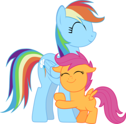 Size: 1163x1146 | Tagged: safe, artist:chipmagnum, rainbow dash, scootaloo, pegasus, pony, g4, eyes closed, female, filly, hug, mare, scootalove, simple background, transparent background, vector