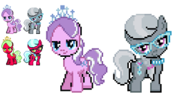 Size: 364x199 | Tagged: safe, artist:dmn666, diamond tiara, silver spoon, demon, demon pony, earth pony, pony, g4, daemon kneesocks, daemon scanty, female, filly, foal, glasses, panty and stocking with garterbelt, pixel art, pokémon, ponified, ponymon, simple background, sprite, transparent background