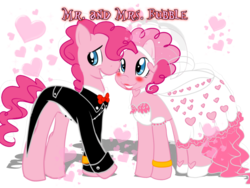 Size: 800x600 | Tagged: safe, artist:anaxboo, pinkie pie, earth pony, pony, g4, bubble berry, clothes, dress, duo, female, male, r63 paradox, rule 63, self ponidox, selfcest, ship:bubblepie, shipping, simple background, straight, transparent background, tuxedo, wedding, wedding dress