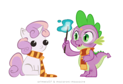 Size: 671x459 | Tagged: safe, artist:artmeis07, artist:macaroni-massacre, spike, sweetie belle, dragon, pony, unicorn, g4, clothes, female, filly, foal, harry potter (series), male, scarf, simple background, transparent background