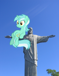 Size: 478x614 | Tagged: safe, lyra heartstrings, human, pony, g4, brazil, christ the redeemer, irl, jesus christ, meme, photo, ponies in real life, rio de janeiro, sitting, sitting lyra, statue, vector