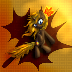Size: 900x900 | Tagged: safe, artist:equie, oc, oc only, oc:equie, pony, unicorn, female, lying down, maple leaf, mare, on back, solo