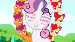 Size: 640x360 | Tagged: safe, artist:capnpea, edit, edited screencap, screencap, apple bloom, scootaloo, sweetie belle, g4, lesson zero, my little pony: friendship is magic, cutie mark crusaders, fimbriae