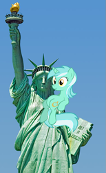 Size: 461x750 | Tagged: safe, lyra heartstrings, human, pony, g4, irl, meme, new york city, photo, ponies in real life, sitting, sitting lyra, statue of liberty, vector