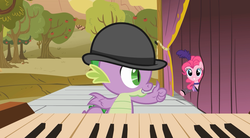 Size: 1280x709 | Tagged: safe, screencap, pinkie pie, spike, dragon, earth pony, pony, g4, over a barrel, season 1, apple, apple tree, baby, baby dragon, clothes, dress, female, hat, male, musical instrument, piano, puffy sleeves, saloon dress, saloon pinkie, stage, thumbs up, tree, wingless spike