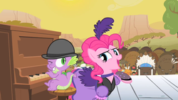 Size: 1280x720 | Tagged: safe, screencap, pinkie pie, spike, bison, buffalo, dragon, earth pony, pony, g4, over a barrel, season 1, clothes, dress, female, male, mare, musical instrument, one eye closed, piano, puffy sleeves, saloon dress, saloon pinkie, unnamed buffalo, unnamed character, wingless spike, wink, you gotta share