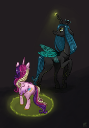 Size: 700x1000 | Tagged: safe, artist:natashafenik, princess cadance, queen chrysalis, alicorn, changeling, changeling queen, pony, g4, crown, female, jewelry, magic, regalia