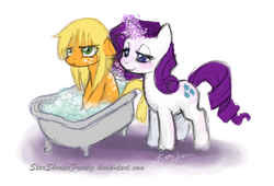 Size: 900x611 | Tagged: safe, artist:starshooterfrecklz, applejack, rarity, g4, bath, bathtub, claw foot bathtub, female, forced bathing, grooming, lesbian, pouting, ship:rarijack, shipping, wet mane