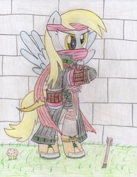 Size: 1024x1322 | Tagged: safe, artist:theculturewarrior, derpy hooves, pegasus, pony, g4, assassin, clothes, female, fire emblem, mare, muffin, parody, volke