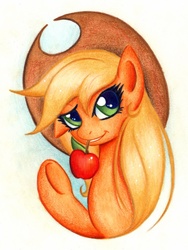 Size: 900x1196 | Tagged: safe, artist:lavosvsbahamut, applejack, g4, apple, mouth hold, obligatory apple, traditional art