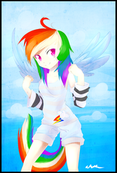 Size: 1275x1870 | Tagged: safe, artist:affanita, rainbow dash, human, g4, female, humanized, letterboxing, solo, tailed humanization, winged humanization