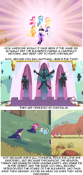 Size: 645x1352 | Tagged: safe, edit, edited screencap, screencap, applejack, fluttershy, pinkie pie, queen chrysalis, rainbow dash, rarity, twilight sparkle, changeling, changeling queen, a canterlot wedding, g4, my little pony: friendship is magic, elements of harmony, female, idea, meta, text, theory