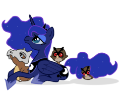 Size: 700x585 | Tagged: safe, artist:ketokultasiipi, princess luna, alicorn, cubone, hoothoot, pony, g4, female, mare, pokémon, simple background, transparent background