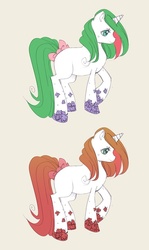 Size: 500x841 | Tagged: safe, artist:tinrobo, gusty, pony, unicorn, g1, g4, alternate design, autumn, bow, female, g1 to g4, generation leap, mare, raised hoof, simple background, standing, tail, tail bow, tan background