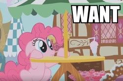 Size: 834x549 | Tagged: safe, edit, edited screencap, screencap, pinkie pie, earth pony, pony, g4, griffon the brush off, season 1, caption, female, hiding, image macro, mare, meme, solo, want