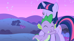 Size: 1280x720 | Tagged: safe, screencap, spike, twilight sparkle, dragon, pony, unicorn, g4, female, hug, male, mare