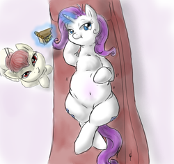 Size: 1061x1000 | Tagged: safe, artist:defenceless, rarity, oc, oc:defenceless, pony, unicorn, g4, belly, belly button, couch, fat, female, food, mare, marshmallow, raritubby, story in the source, weight gain