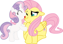 Size: 6001x4224 | Tagged: safe, artist:madmax, artist:mowza2k2, fluttershy, sweetie belle, pegasus, pony, unicorn, absurd resolution, duo, female, filly, flutterbelle, foal, licking, mare, simple background, transparent background, vector