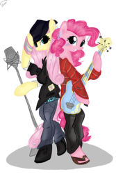Size: 1000x1500 | Tagged: safe, artist:marisalle, fluttershy, pinkie pie, pony, g4, bipedal, duo, duo female, female, guitar, microphone, simple background, transparent background