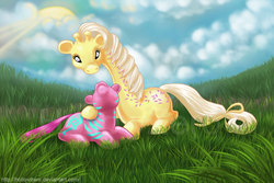 Size: 945x630 | Tagged: safe, artist:hollowzero, creamsicle (g1), zig zag, giraffe, zebra, g1, bow, cloud, cute, duo, duo female, female, grass, looking at each other, looking at someone, no pony, prone, sky, tail bow, zagabetes