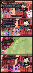 Size: 650x1400 | Tagged: safe, artist:mixermike622, spike, twilight sparkle, oc, oc:fluffle puff, dragon, human, pony, unicorn, g4, comic, crossover, dan, dan vs, dan vs fim, mass effect