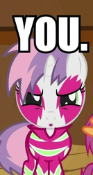 Size: 260x484 | Tagged: safe, edit, edited screencap, screencap, sweetie belle, pony, unicorn, g4, the show stoppers, angry, clothes, cropped, face paint, female, filly, foal, fourth wall, image macro, looking at you, show stopper outfits, solo focus