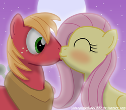 Size: 2564x2239 | Tagged: safe, artist:pajama-ham, big macintosh, fluttershy, earth pony, pony, g4, duo, high res, kiss on the lips, kissing, male, ship:fluttermac, shipping, stallion, straight
