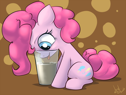 Size: 1332x1000 | Tagged: safe, artist:atryl, pinkie pie, earth pony, pony, g4, :p, chocolate milk, cute, diapinkes, drink, eyes on the prize, female, filly, filly pinkie pie, glass, horse problems, sitting, smiling, solo, tongue out, younger