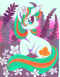 Size: 500x642 | Tagged: dead source, source needed, useless source url, safe, artist:ttoby, baby gusty, pony, unicorn, g1, g4, female, flower, flower in hair, g1 to g4, generation leap, horn, lidded eyes, mare, raised hoof, sitting, smiling, solo, traditional art, turned head