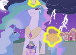 Size: 3623x2628 | Tagged: safe, artist:bri-sta, artist:somepony, princess celestia, twilight sparkle, alicorn, pony, unicorn, g4, angry, costume, crying, description in comments, female, filly, filly twilight sparkle, high res, lightning, mama bear, mare, mare in the moon, momlestia, moon, nightmare night, now you fucked up, this will end in tears and/or a journey to the moon, unicorn twilight, younger