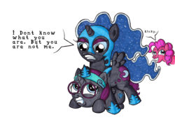 Size: 2238x1564 | Tagged: safe, artist:darkone10, nightmare moon, pinkie pie, oc, oc:nyx, g4, cute, derp, filly, frown, glare, grin, gritted teeth, nightmare woon, pinned, scared, simple background, smiling, transparent background, tumblr:asktwilyandwoon