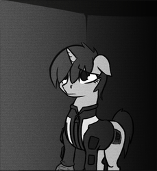 Size: 533x581 | Tagged: safe, artist:toasterrepairunit, oc, oc only, oc:littlepip, pony, unicorn, fallout equestria, ask-littlepip, black and white, clothes, fanfic, fanfic art, female, grayscale, jumpsuit, mare, monochrome, pipbuck, single pegasus project, solo, vault suit