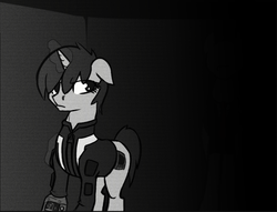 Size: 755x577 | Tagged: safe, artist:toasterrepairunit, oc, oc only, oc:littlepip, pony, unicorn, fallout equestria, ask-littlepip, black and white, clothes, fanfic, fanfic art, female, grayscale, jumpsuit, magic, mare, monochrome, pipbuck, single pegasus project, slendermane, slenderpony, solo, vault suit