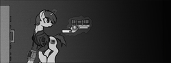 Size: 1280x471 | Tagged: safe, artist:toasterrepairunit, oc, oc only, oc:littlepip, pony, unicorn, fallout equestria, ask-littlepip, black and white, clothes, cutie mark, fanfic, fanfic art, female, glowing horn, grayscale, gun, handgun, hooves, horn, jumpsuit, levitation, little macintosh, magic, mare, monochrome, optical sight, pipbuck, pipleg, revolver, single pegasus project, solo, telekinesis, vault suit, weapon
