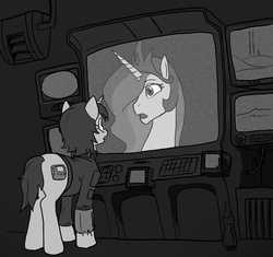 Size: 1002x942 | Tagged: safe, artist:toasterrepairunit, princess celestia, oc, oc:littlepip, pony, unicorn, fallout equestria, g4, ask-littlepip, black and white, clothes, fanfic, fanfic art, female, grayscale, jumpsuit, mare, monochrome, pipbuck, pipleg, screen, single pegasus project, vault suit